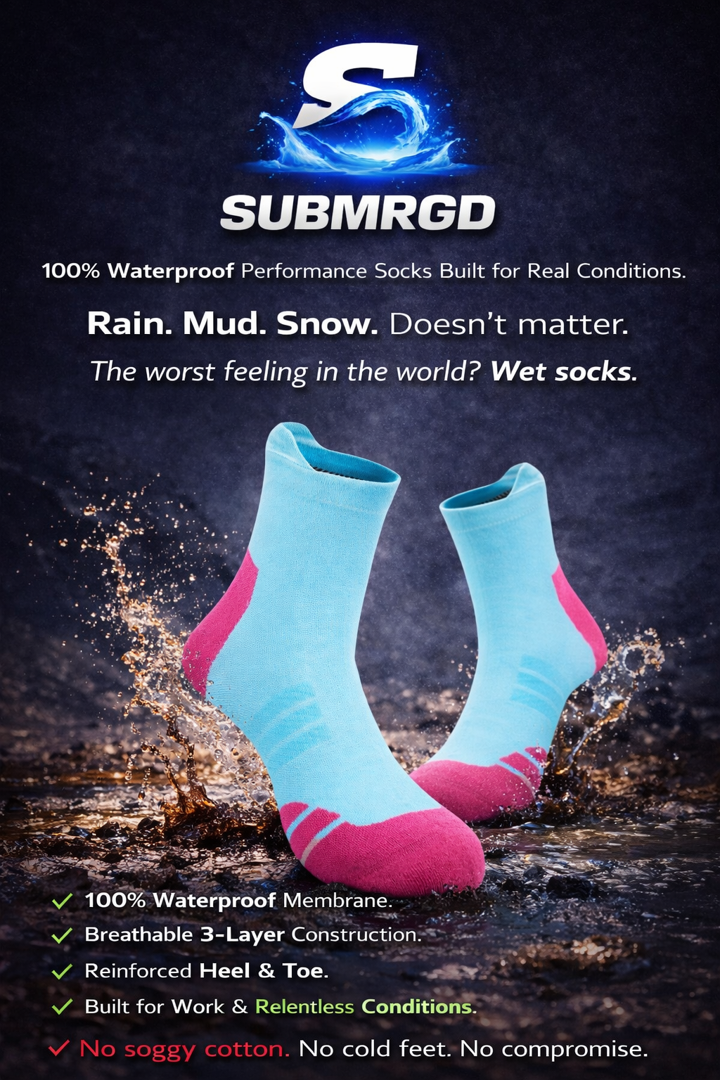 SUBMRGD Ultralite™ Dri-Knit Waterproof Ankle Socks-Aqua/Pink
